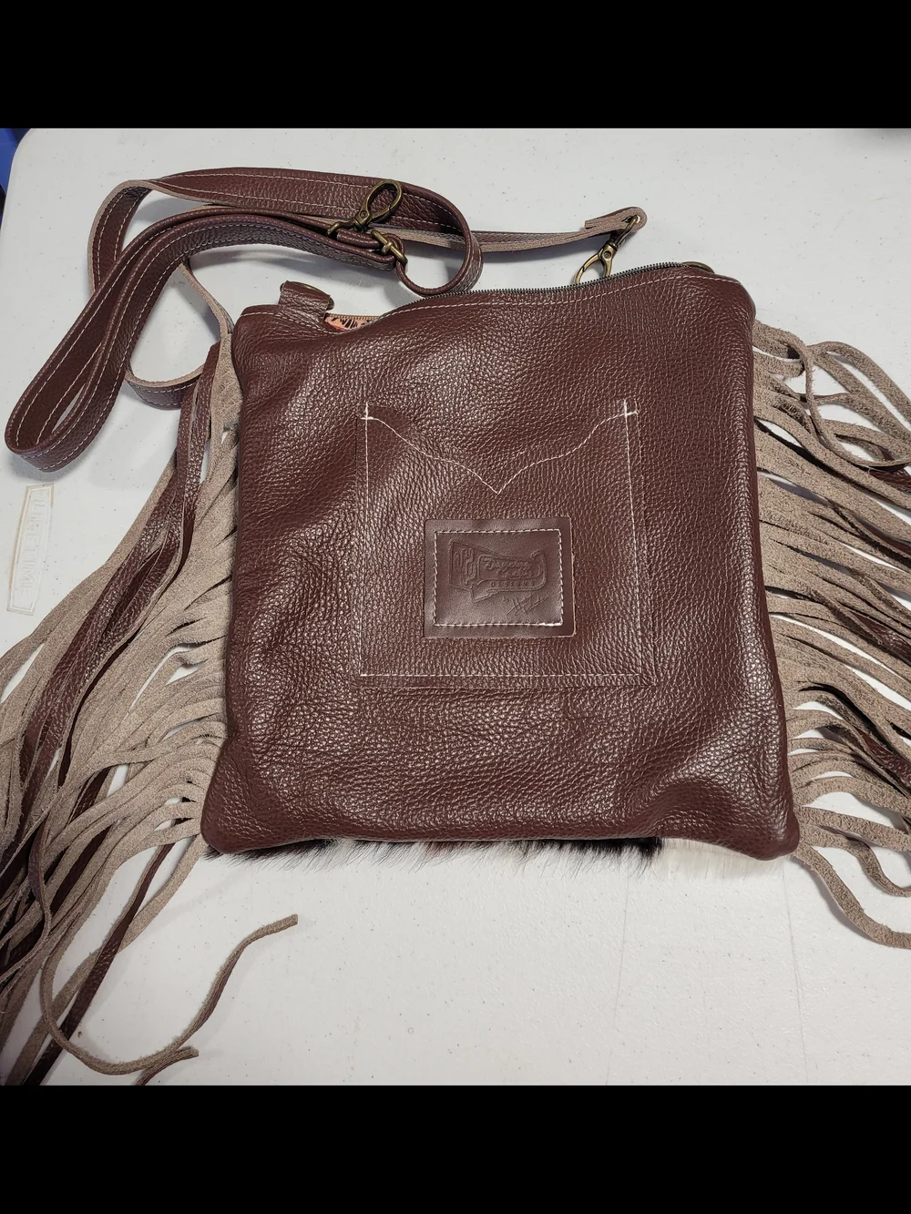 Fringe Crossbody Bag with Cowhide and Tooled Leather - Brown/White - Picture 2 of 7